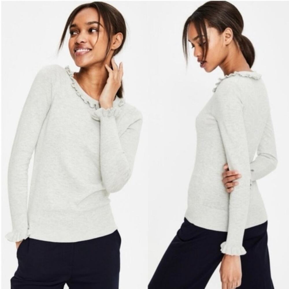Boden Bernadette Preppy Wool Ruffle Neck Cottagecore Sweater Gray Size 4